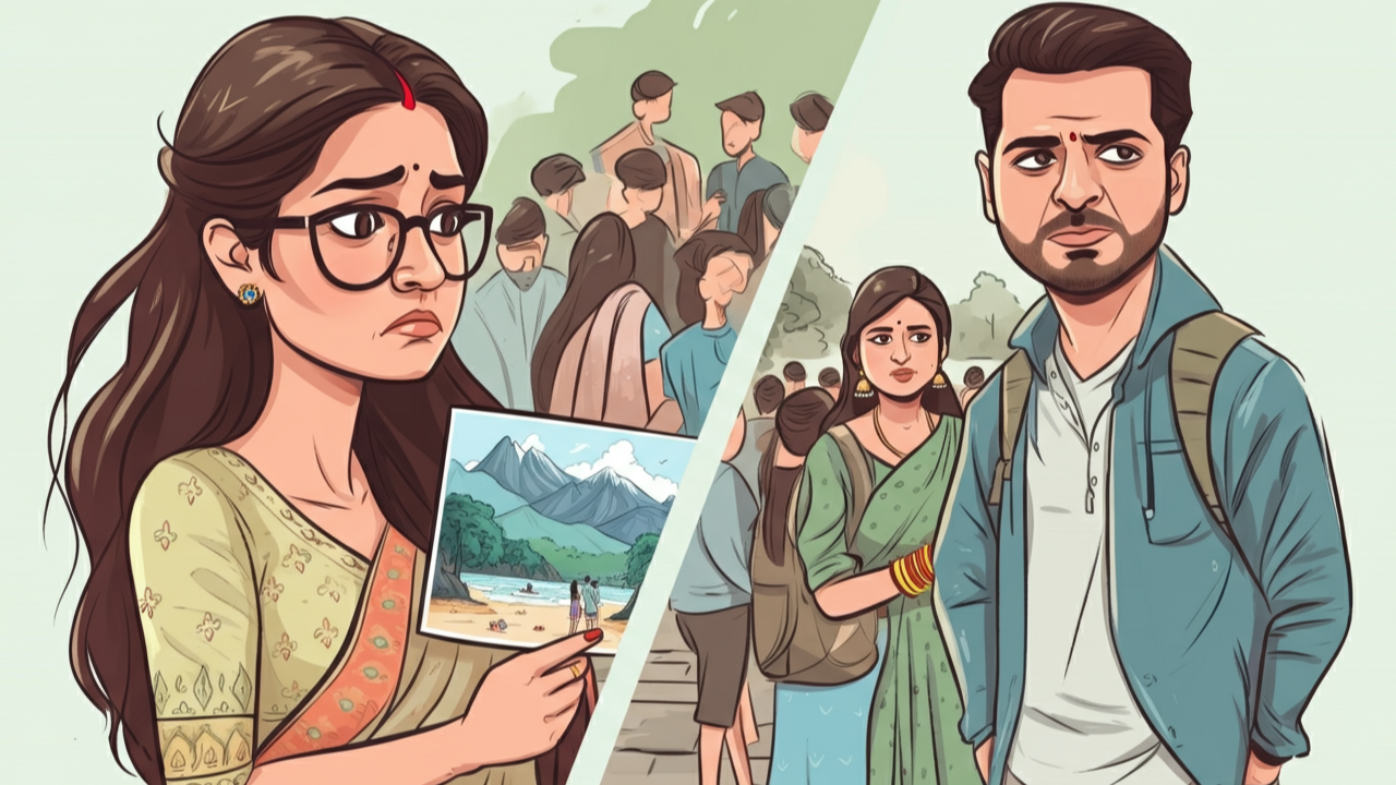 A split-scene digital illustration showing a disappointed newlywed couple. On one side, the wife is looking upset holding a picture of Goa beach and Kashmir mountains. On the other side, the couple is awkwardly standing near a crowded, modest Nainital lake. The husband looks uncomfortable. Background shows a contrast between dream destinations and reality. Style: editorial cartoon or news magazine illustration, slightly exaggerated expressions, bright but natural colors.